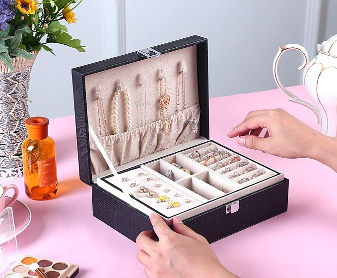 Voova Jewelry Box Organizer for Women Girls, 2 Layer Large Men Jewelry Storage Case, PU Leather Display Jewellery Holder with Removable Tray for Necklace Earrings Rings Bracelets, Vintage Gift, Black