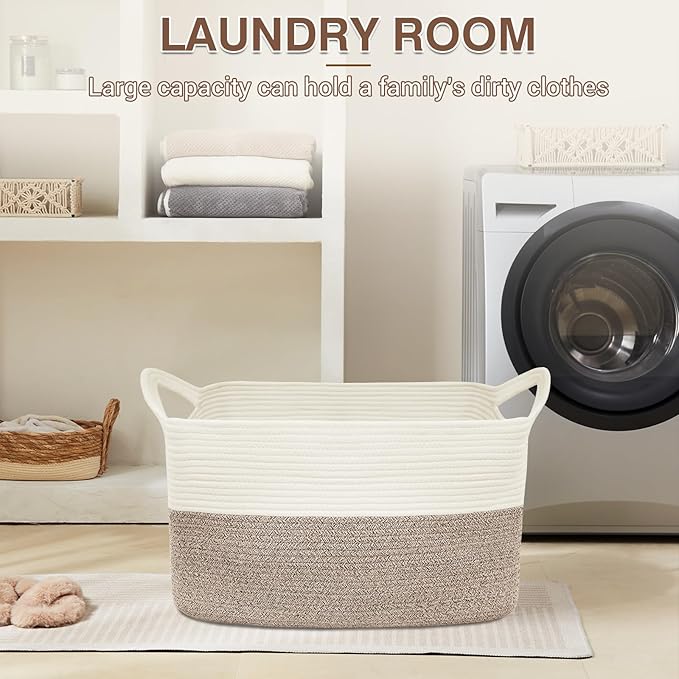 Large Laundry Hamper Blanket Basket，21.6''×14.9''×19.6'' Cotton Rope Woven Laundry Basket for Organizing, Rectangle Toy Basket for Living Room, Bedroom