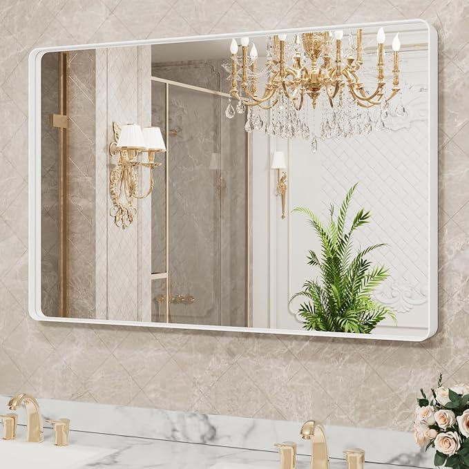 LOAAO 48x32 Inch White Metal Framed Bathroom Mirror for Wall, White Bathroom Vanity Mirror Farmhouse, Large Rounded Rectangle Mirror, Anti-Rust, Tempered Glass, Hangs Horizontally or Vertically