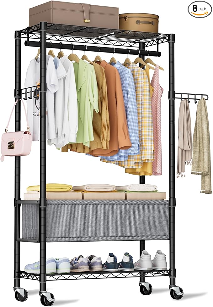 Clothes Rack,Heavy Duty Garment Rack 3 Tier Adjustable With Removable Clothe Basket,Wheels Free Standing Rolling Wire Shelving Clothing Racks for Hanging Clothes Metal Portable Closet