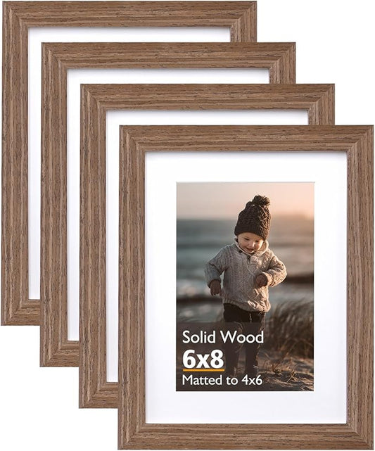 KINLINK 6x8 Picture Frame Rustic Brown, Solid Wood Frames with Acrylic Plexiglass for Pictures 4x6 with Mat or 6x8 without Mat, Tabletop and Wall Display Photo Frame, Set of 4