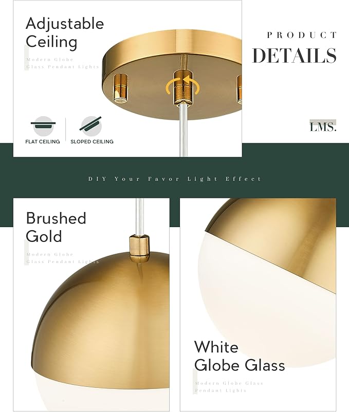 LMS Mid Century Pendant Lights, Brushed Gold Kitchen Island Light Fixtures with White Globe Glass Shade, Adjustable Hanging Cord, 3-Pack for Home Office Dining Room Bathroom, LMS-186PL-BGWS3PK