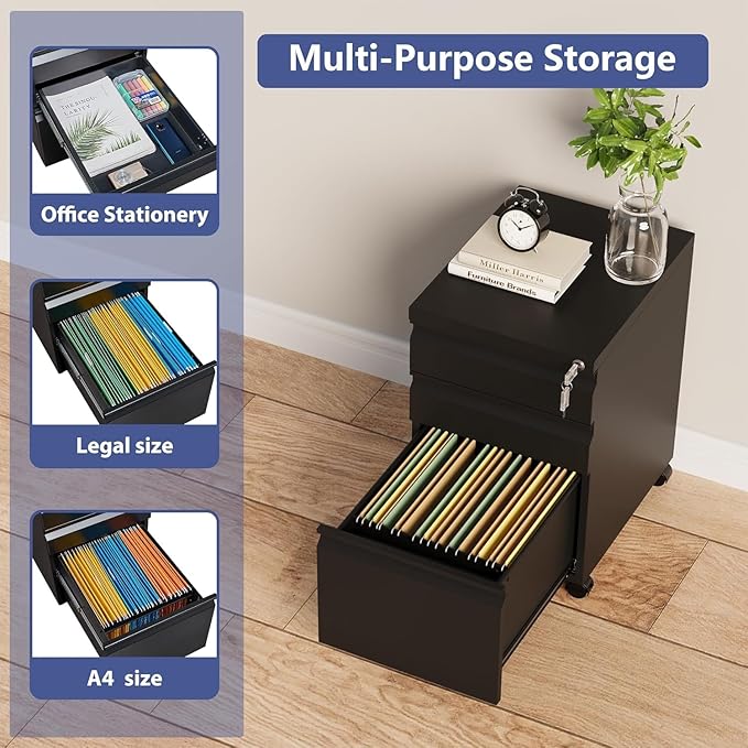 3 Drawer File Cabinet with Lock,Mobile Filing Cabinets,Metal Small Rolling File Cabinet,Drawers for Under Desk for Legal/Letter/A4 File, Assembly Required,Black