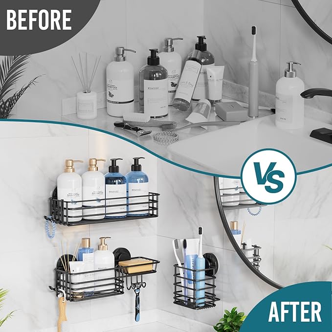 TAILI Shower Caddy Suction Cup, 3 Pack Shelves for Inside with Hooks & Soap holder Toothbrush Cups, Removable Bathroom Organizer, Rustproof Black Holder Storage-Black