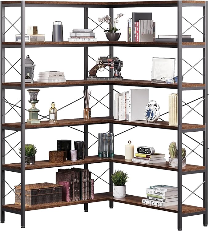 Corner Bookshelves and Bookcases Industrial Corner Etagere Bookcase L Shaped Shelf 6 Tiers with Metal Frame for Living Room Home Office
