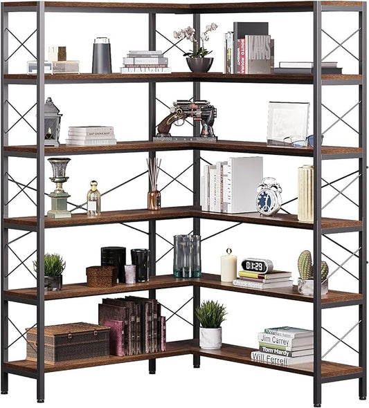 Corner Bookshelves and Bookcases Industrial Corner Etagere Bookcase L Shaped Shelf 6 Tiers with Metal Frame for Living Room Home Office