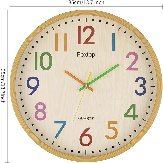 Foxtop 14 Inch Kids Wall Clock Silent Non-Ticking Battery Operated Colorful Childrens Wall Clock for Classroom Playroom Nursery Bedrooms Kids Room School