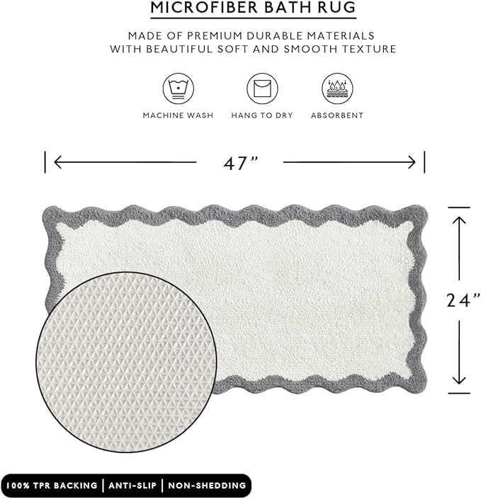 MONDAY MOOSE Bath Mat with Scalloped Wavy Ripple Design, Microfiber Absorbent Non Slip Tufted Rug for Floor, Shower or Kitchen (24x47 inch, Gray)