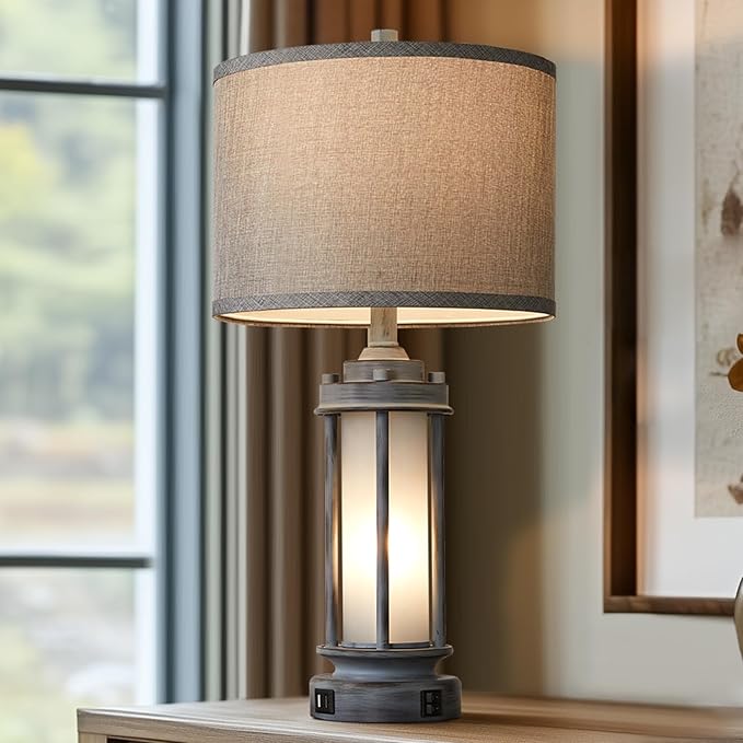 Rustic Table Lamp for Bedroom Living Room with 2 USB Ports, Farmhouse Vintage Nightstand Lamp 25'' with Light Green Glass Nightlight, Antique Retro Desk Lamp for Entryway, 2 Bulbs Included