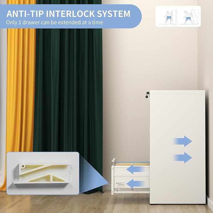 AQY 3 Drawer File Cabinet with Lock, White Metal Filing Cabinets for Home Office, 18" Deep Vertical Storage File Cabinets for Hanging A4/Letter/Legal Size Files, Assembly Require