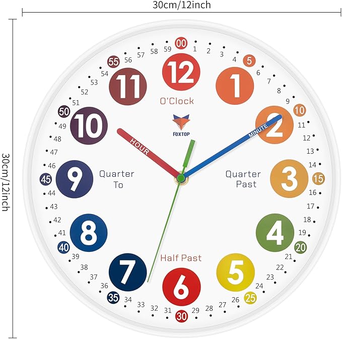 Foxtop Learning Clock for Kids - Telling Time Teaching Clock 12 Inch Silent Non-Ticking Battery Operated Analog Kids Wall Clock for Kids Room Playroom Nursery Classroom School (White)