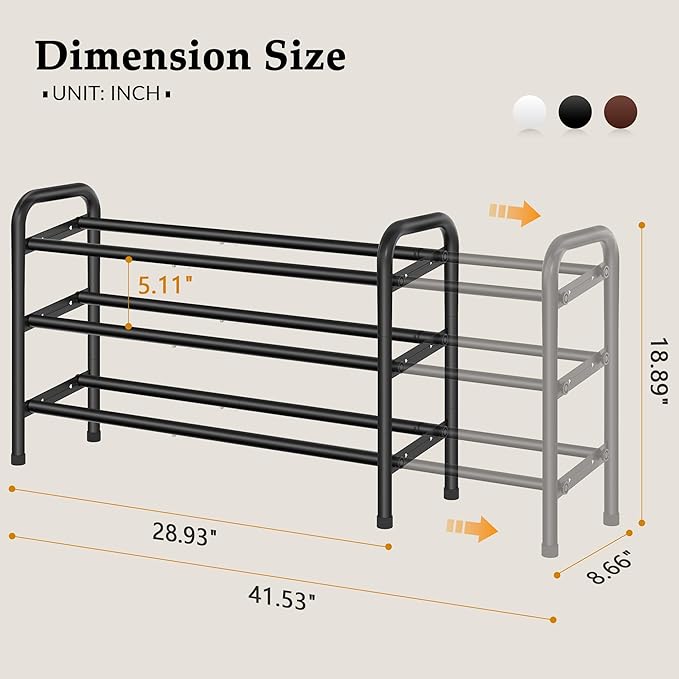 3 Tier Shoe Organizer, Shoe Rack for Closet, 28“ Metal Shelf Can Expandable to 42“, for Bedroom, Entryway, Closet, Garage, Adjustable to 18 Pairs Shoes, Black