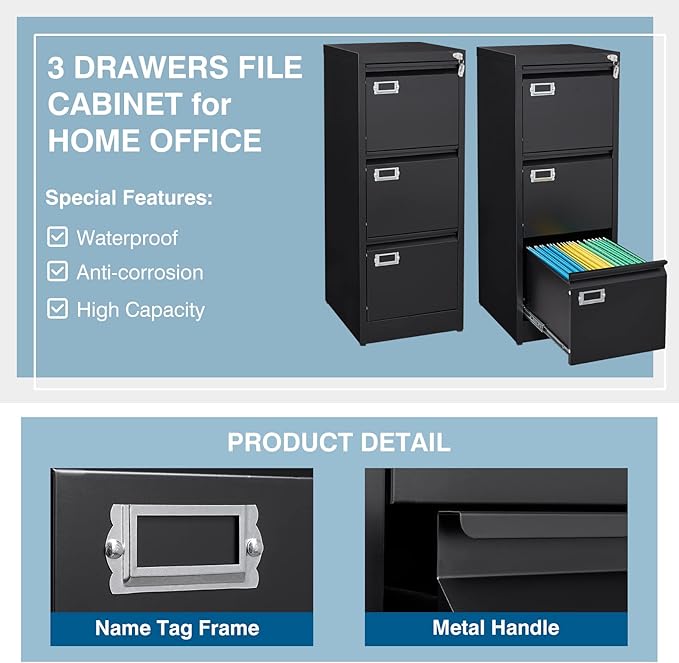 3-Drawer File Cabinet, 16.3" Deep Vertical Filing Cabinet with Lock, Metal File Cabinet for Home Office, Anti-Tip 3 Storage Drawers for Letter/Legal/A4/F4 Size, Assembly Required, Black