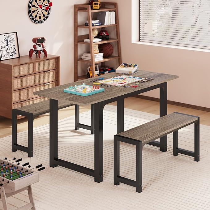 Gizoon 63” Kitchen Table Sets with 2 Benches Extendable Dining Table Set for Small Spaces Dining Room Table 4 Set Chairs for Kitchen Apartment Outdoor and Home Office, Gray