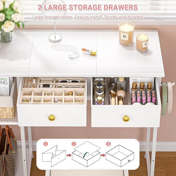 Vanity Desk Without Mirror, Makeup Vanity for Girls with 2 Fabric Drawers, Small Vanity Table with Iron Hook, 35 Inches Dressing Table with Storage, White