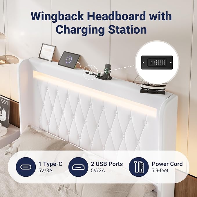 Allewie Upholstered Queen Size Platform Bed Frame with LED Light and Charging Station, Button Tufted High Headboard, Wingback Design, Noise Free, Easy Assembly, No Box Spring Needed, White