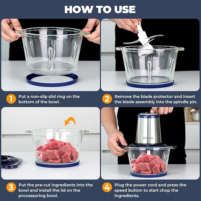 DEVINC Food Processor, Electric Food Chopper with 2 Bowls (8 Cup+8 Cup), 2 Sets Blades, 500W Meat Grinder & Veggie Chopper, 2 Speed for Baby food &Family Use Blue