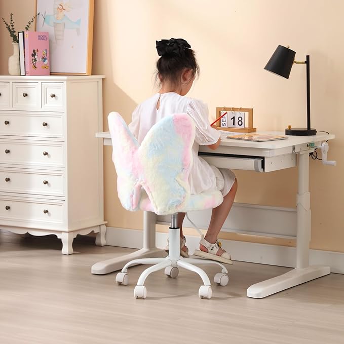 Cute Fuzzy Kids Chair for Teenage Girls Rolling Study Desk Student Chair Furry Computer Task Chair, Adjustable Butterfly Shaped Reading Vanity Chair for Bedroom, Colorful