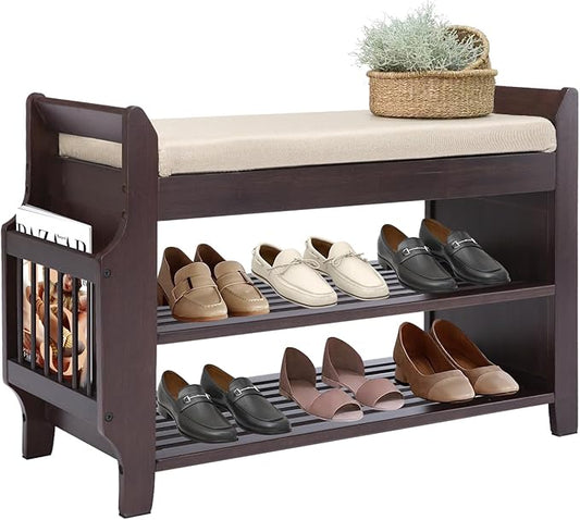 Bamboo Shoe Storage Bench, 3-Tier Shoe Rack with Padded Seat Cushion, Shoe Organizer Shelves for Entryway, Living Room, Bedroom, Hallway, White 31”
