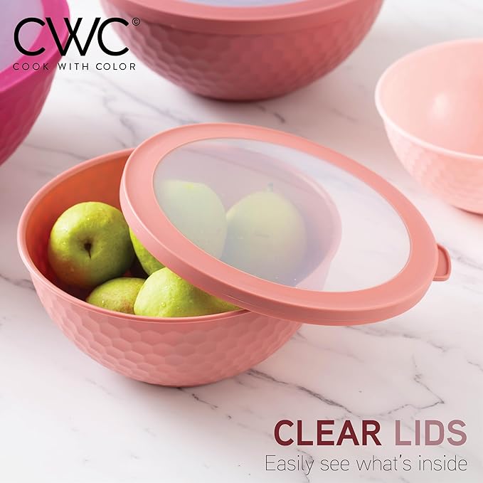 COOK WITH COLOR Mixing Bowls with Lids - 12 Piece Plastic Nesting Bowls Set includes 6 Prep Bowls and 6 Lids, Non Slip Bottom and Embossed Design - Microwave Safe (Rose)