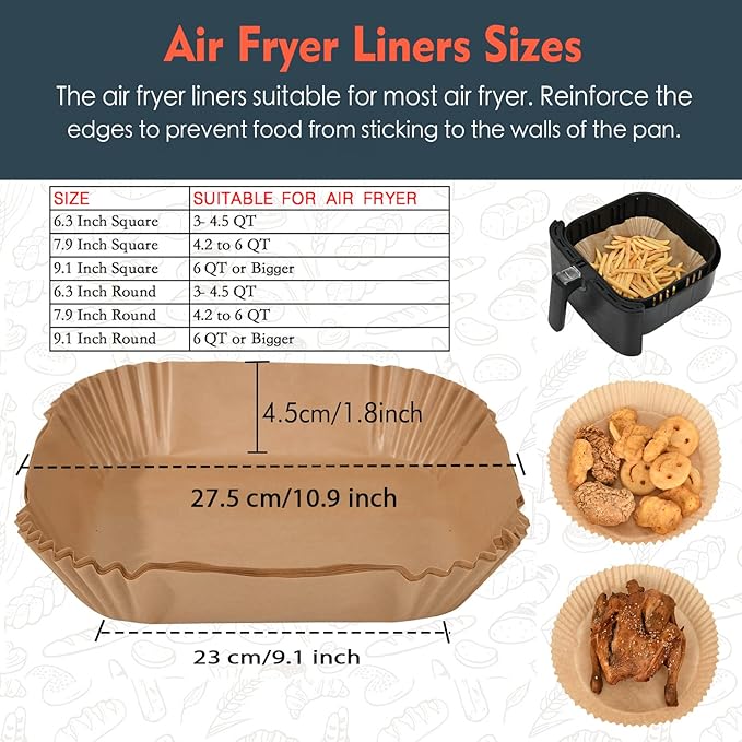 [3-Size] Air Fryer Disposable Paper Liner Compatible with COSORI AirFryers Toaster Oven, Non-stick AirFryer Parchment Paper Baking Accessories (50Pcs - 9.1 Inch, Fit 6 Qt or above, Natural)
