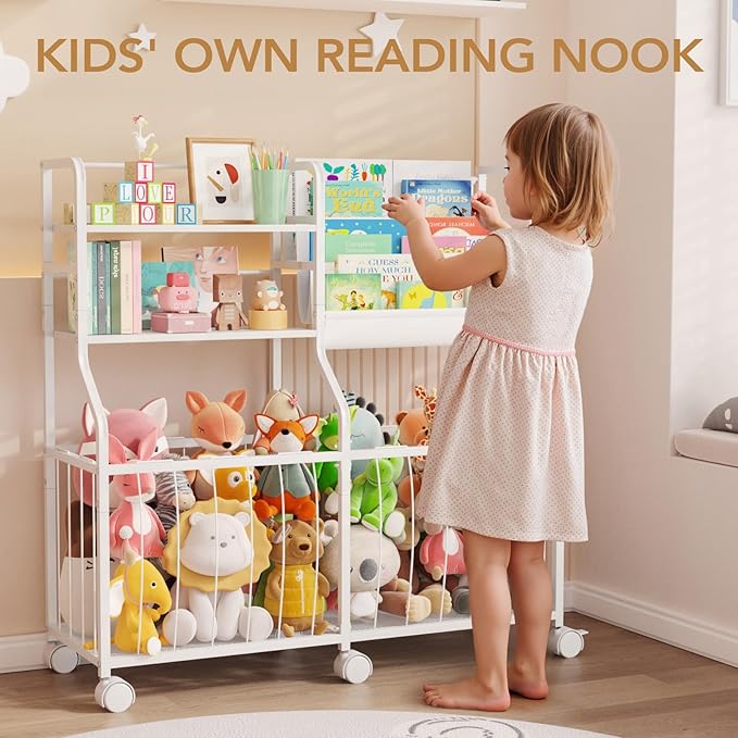 BBLIKE Stuffed Animal Storage Organizer - Rolling Kids Bookshelf and Toy Storage with 3 Tiered Book Display and Toy Chest - Rolling Furniture for Kids Room, Playroom, Bedroom, Nursery, White