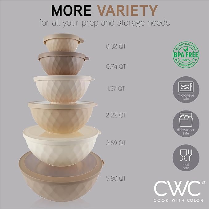 COOK WITH COLOR Mixing Bowls with Lids - 12 Piece Plastic Nesting Bowls Set includes 6 Prep Bowls and 6 Lids, Diamond Design - Microwave Safe