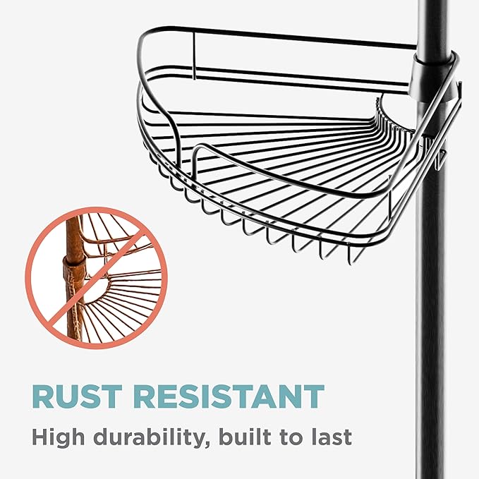 Zenna Home Tension Pole Shower Caddy Corner Organizer, Adjustable Standing Shower Caddy with 4 Baskets and Built in Towel Bar, Rust Resistant Bathroom Tension Rod Organizer, 60 to 97 Inch, Matte Black