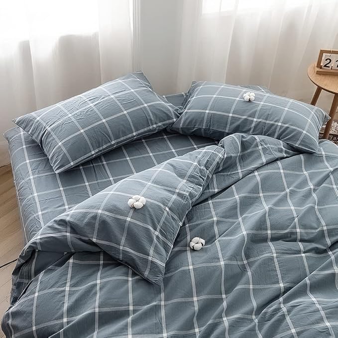 FACE TWO FACE Bedding Duvet Cover Set100% Washed Cotton Duvet Cover Linen Like Textured Breathable Durable Soft Comfy (Full, Grey Green Grid)