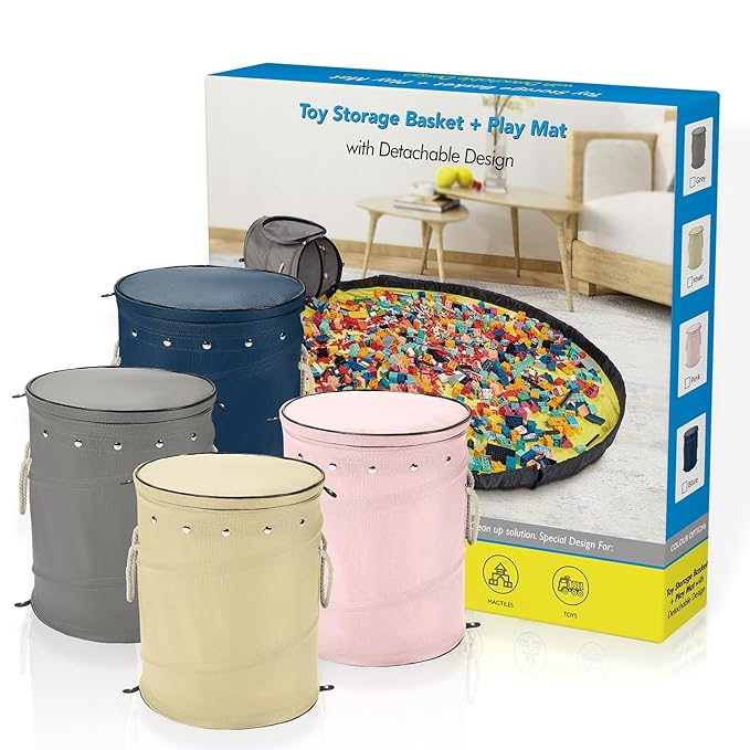 Toy Storage Basket with Slide and Large Play Mat for Boys and Girls Building Blocks Organizer, Foldable Fabric Storage Container Basket Bin Kids Toy Box with Rug for Boy Playroom Organization