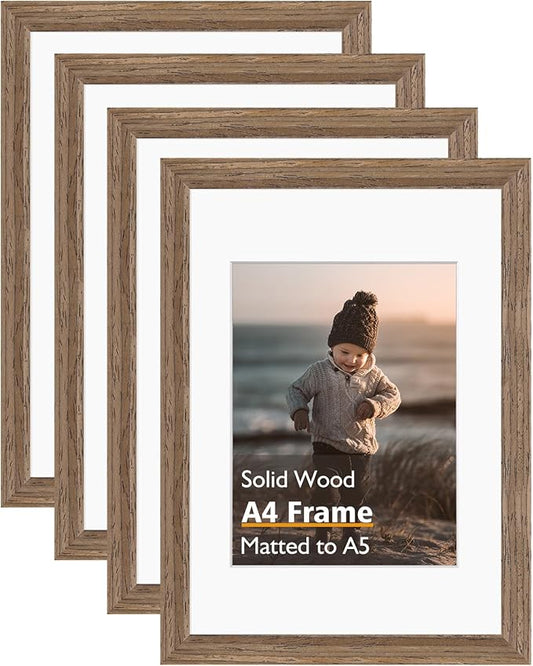KINLINK A4 Picture Frame, Brown Solid Wood Frames with Acrylic Plexiglass for Pictures A5 with Mat or A4 without Mat, Tabletop and Wall Mounting Display 4 Pack