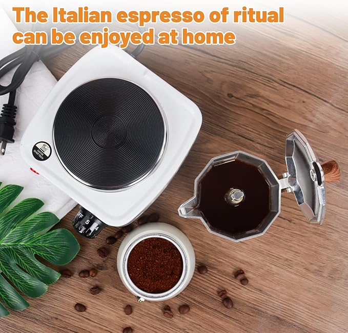 2-in-1 Aluminum Moka Pot Set with Electric Stove Classic Stovetop Espresso Coffee Maker 150ml 5oz Mocha Express Portable Camping Travel Preferred Cafe Makers Italian Cuban Café Brewing 3 Cup