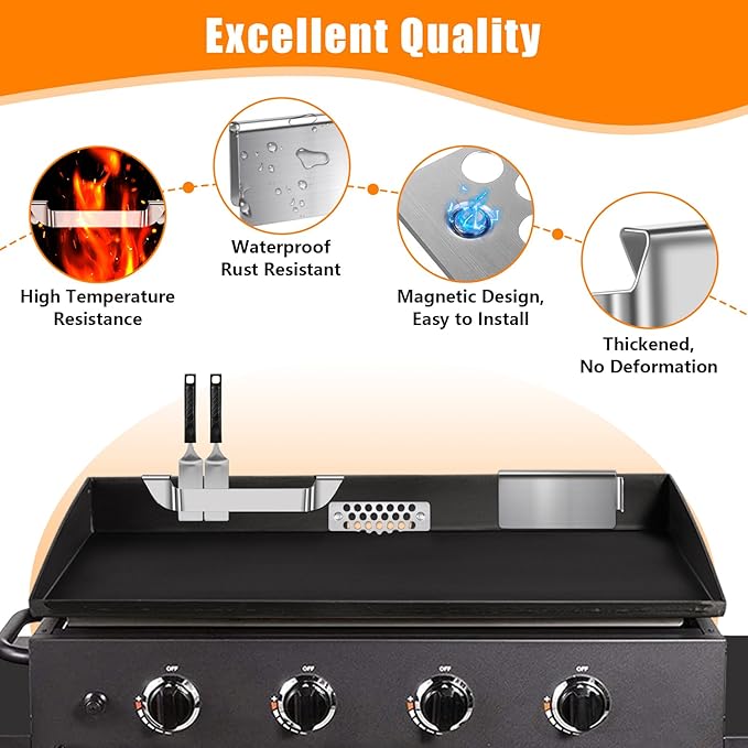 6pcs Magnetic Grease Gate Set, Griddle Spatula Holder and Magnetic Hooks Combo, Stainless Steel Flat Top Griddle Accessories Kit, Grill Tool Holder