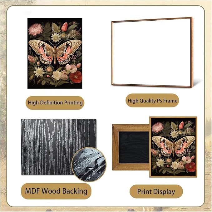 Djmwtb Vintage Framed Wall Art Butterfly Floral Canvas Wall Art Prints Boho Botanical Painting Flower Pictures Wall Decor Artwork for Living Room Bedroom Bathroom Office 8x10in