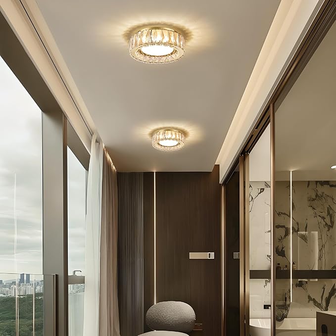 11 Inch Modern Gold Luxury Flush Mount Ceiling Light,Small Crystal Chandelier, Dimmable LED 5CCT 3000K-6000K 24W Round Close to Ceiling Light Fixture for Hallway,Kitchen,Bedroom,Laundry Room