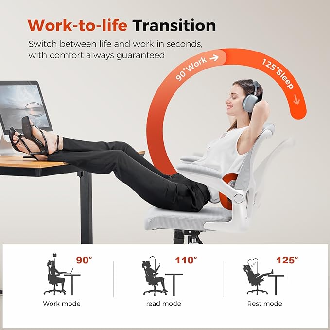 GTRACING Office Chair Ergonomic Desk Chair with 3D Adaptive Lumbar Support, High Back Home Mesh Chair with Flip-Up Arms, Swivel Rolling Computer Seating for Long Desk Work (Gray)