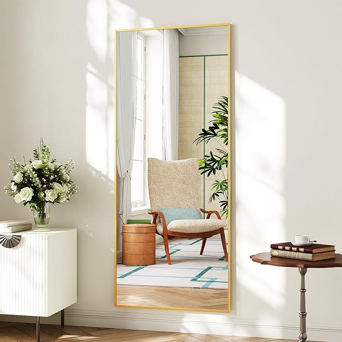 Koonmi Large Mirrors, 71"x26" Full Length Mirror with Stand, Full Body Mirror with Aluminum Alloy Frame, Hanging or Leaning Against Wall Floor Standing Mirrors for Bedroom Living Room, Gold