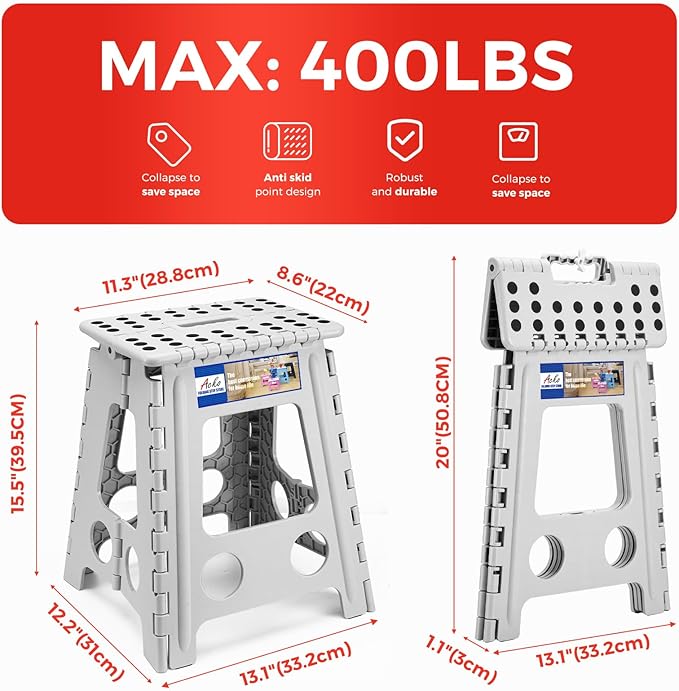 ACKO Folding Step Stool Foldable 16 Inch 400 lbs Capacity, Plastic Stools for Adults and Kids, Collapsible Stools for Kitchen, Stepping Stool with Handle(Grey)