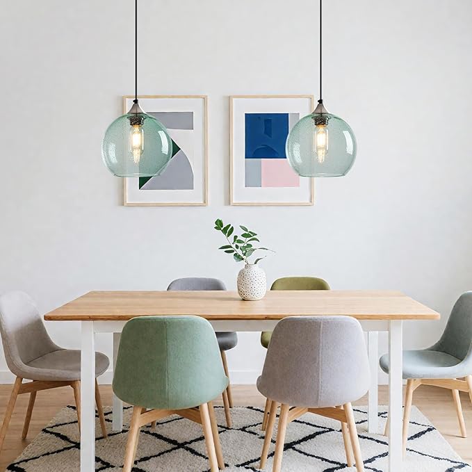 Light Green Glass Pendant Lights Kitchen Island Lighting Globe Pendant Light Fixtures Modern Pendant Lighting for Bedroom Living Dining Room Light Fixture (7.87 in, 3 Pack)