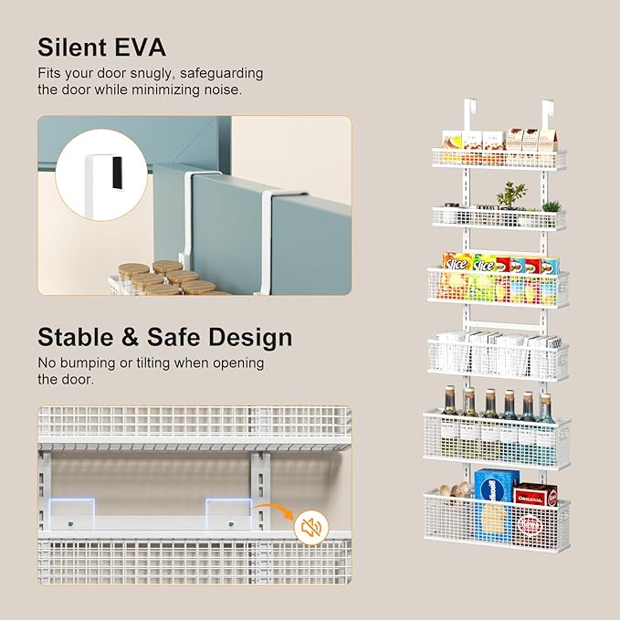 6-Tier Over The Door Pantry Organizer,Hanging Spice Rack,Over Door Adjustable Basket with Handle,Pantry Organization And Storage, Laundry Room,Bathroom,Large Capacity,D5.3xW15.7xH60.9in
