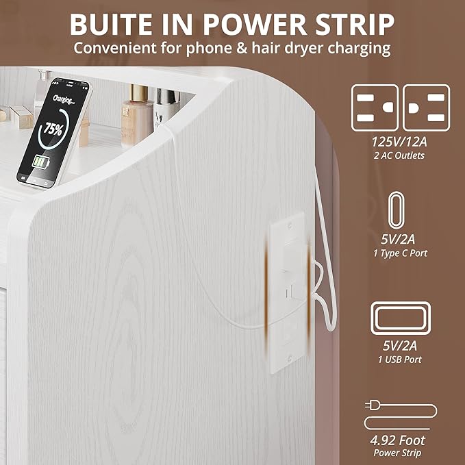 LIKIMIO Vanity Desk with Mirror and Lights, Makeup Vanity Table Set with Storage Stool, Makeup Drawer Organizer, 3 Color Modes Adjustable Bulb, Power Outlet, White Vanity for Bedroom