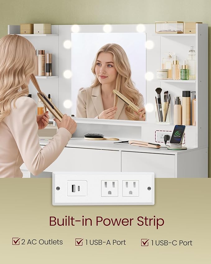 VASAGLE Kailyn Collection - Vanity Desk with Mirror and 9 LED Bulbs, Vanity Makeup Table with Power Outlets, Dressing Table with 2 Cabinets, for Bedroom, Cloud White URDT142WB01S