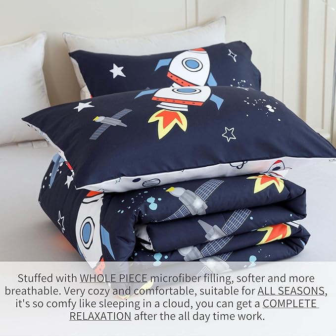 RYNGHIPY Kids Comforter Set Queen Size, Cute Space Rocket Bedding Set for Boys Girls, Teen Boy Bedding (Space Rocket, Queen)
