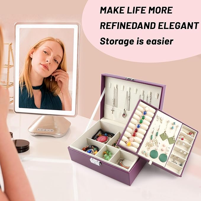 Homeanda Jewelry box 2 layer Jewelry box Leather Jewelry boxes for Women Girls Teens Jewelry organizer box Jewelry Storage box with lock(Purple)