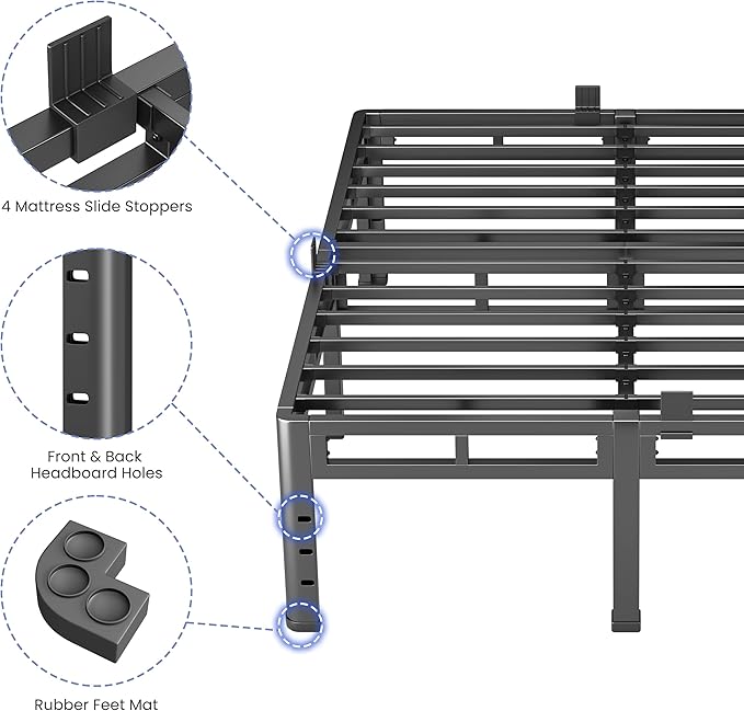 NKZ 18 Inch Queen Size Bed Frame, Metal Bed Frame & Box Spring 2 in 1 Platform with Round Corner Legs, 4000Lbs Heavy Duty Metal Frame, Mattress Slide Stopper, Headboard Hole, Noise-Free, Easy Assembly