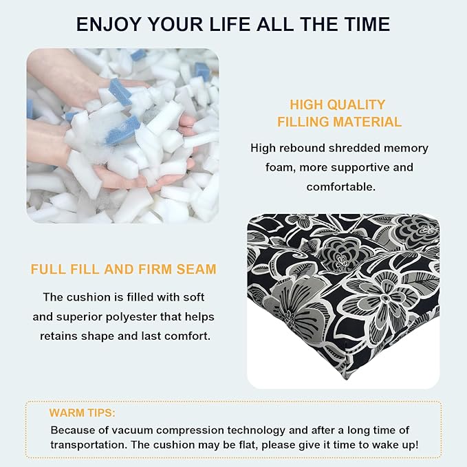 Set of 2 Outdoor Chair Cushions 19"x19"x4",Water Repellent Tufted Seat Cushions with Ties, Replacement Thick Chair Pads for Wicker Dining and Patio Furniture - Flower Black