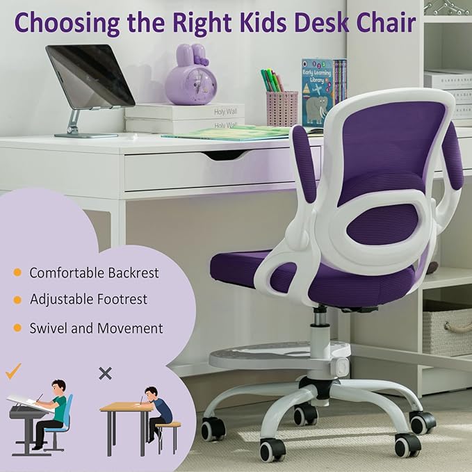 Kids Desk Chair,Ergonomic Study Chair with Adjustable Height,Swivel Mesh Desk Chair with Wheels,Home Office Chair for Children in Home Bedroom Purple