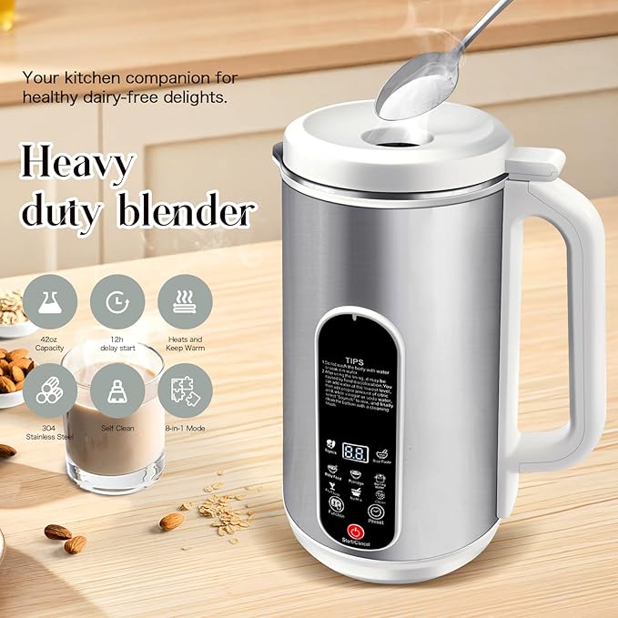 8-in-1 Nut Milk Maker Machine | 40oz Automatic Stainless Steel Milk Maker for Homemade Soy, Almond, Oat Milk, Juice, Baby Food & Non Dairy Beverages | with Delay Start/Keep Warm/Boil Water/Self-Clean