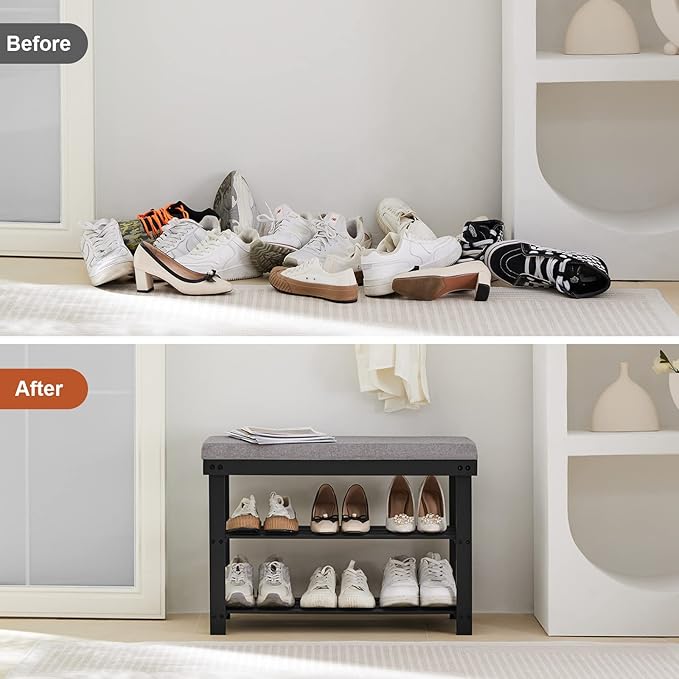 Apicizon 3-Tier Shoe Rack for Entryway, Bamboo Shoe Bench with Cushion Padded Seat, Small Shoe Organizer with Storage for Indoor Entrance Hallway Bedroom Living Room, Black