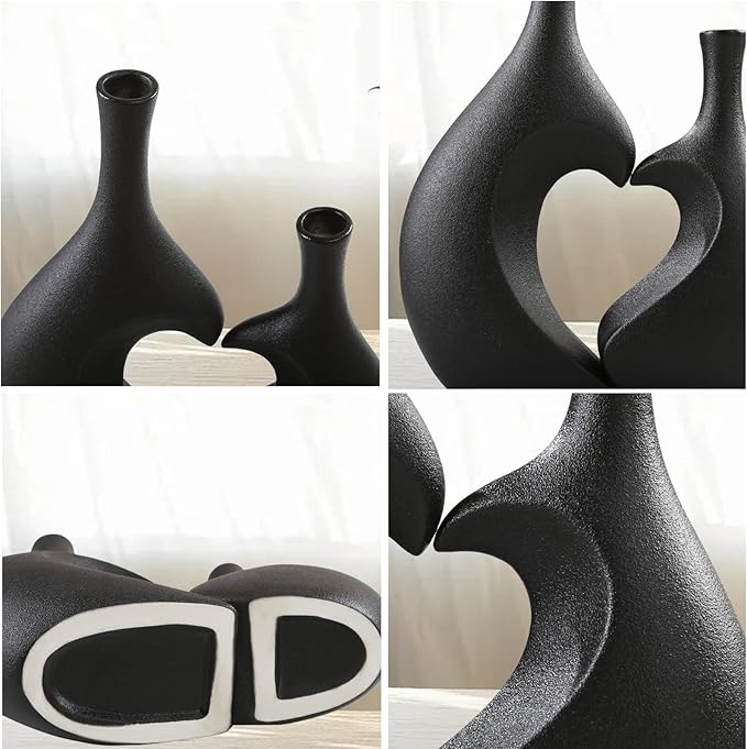 Black Ceramic Vase Set of 2, Heart Shaped vase, Matte Frosted Texture Finish,Farmhouse Decor, Home Decor, Decorative Vase, Vases for Your Bedroom, Office, Living Room, Bathroom (Black)